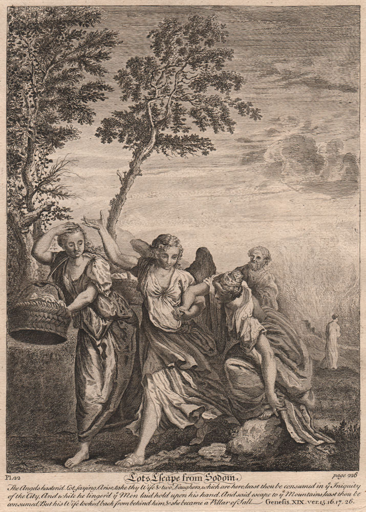 BIBLE. Genesis 19.15-17 and 26 Lot's escape from Sodom.  1752 old print